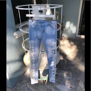Artsy Blue Jeans with Lace Floral detail. Size 6